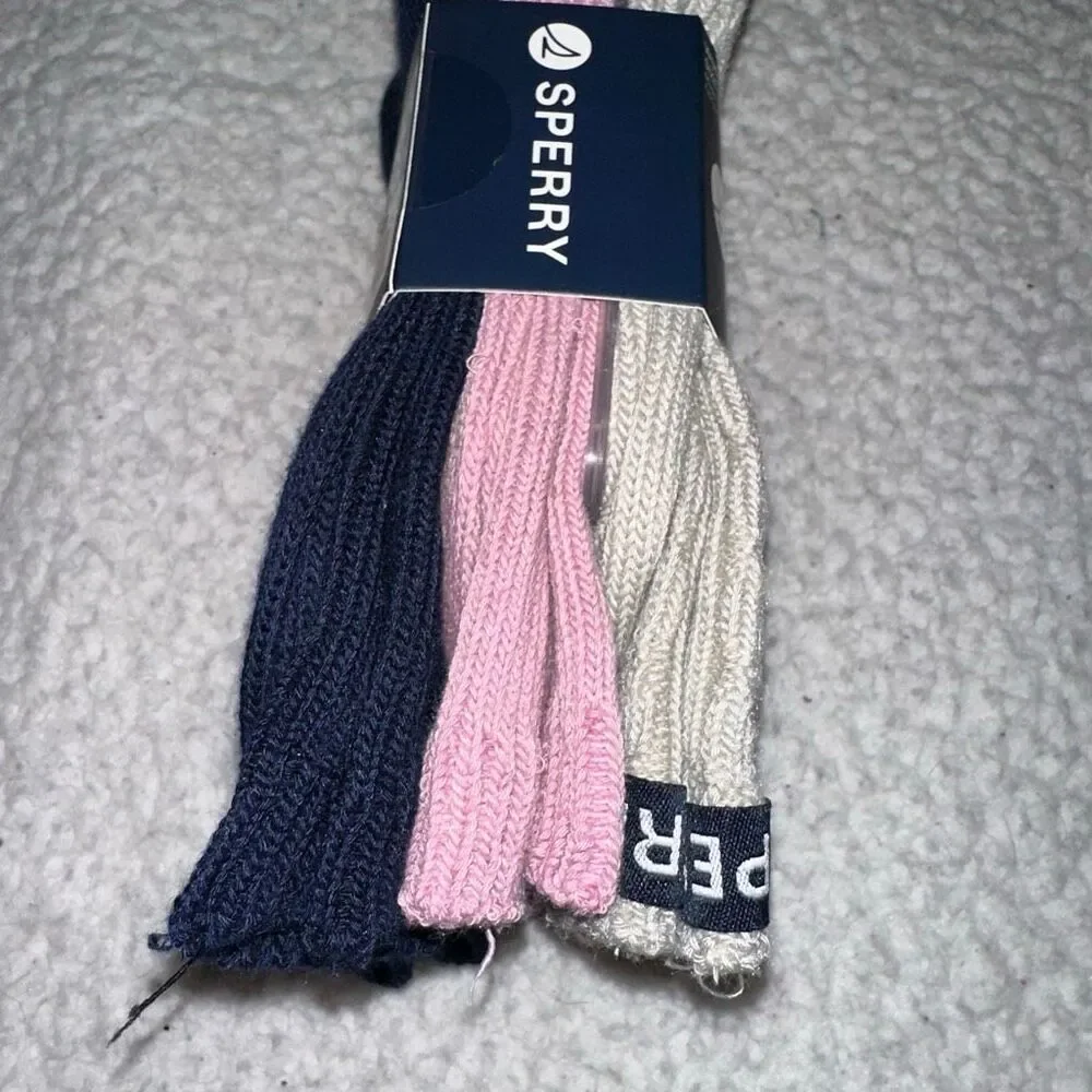 Sperry Women’s Cushion Crew Socks Pack of 3 Cable Knit Tan Navy Blue Pink NWT